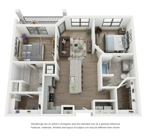 Floor plan for 2 beds, 2 baths, 989 sqft